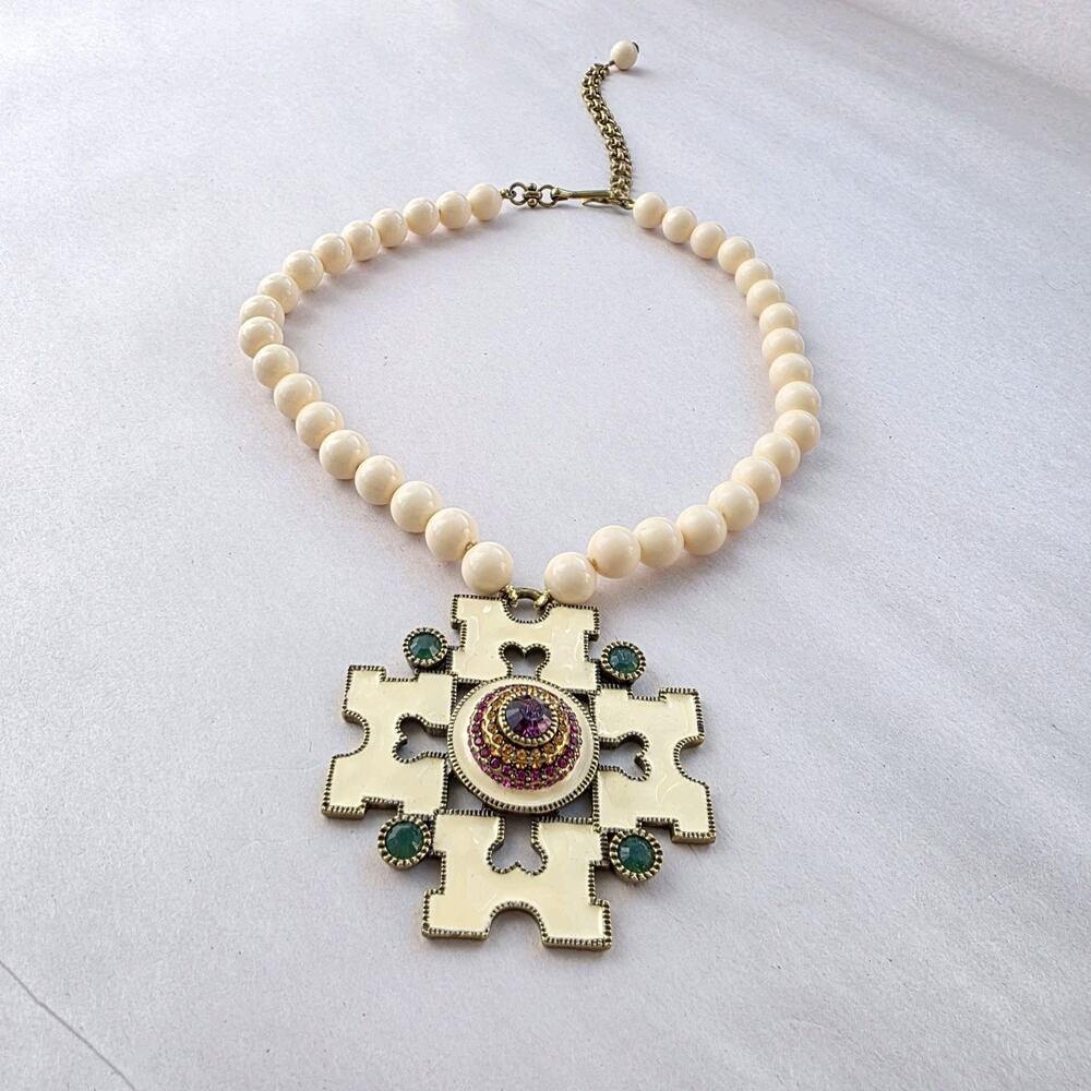 Heidi Daus Necklace, Ivory Cream Bronze Choker beaded necklace Rare Letter M‎